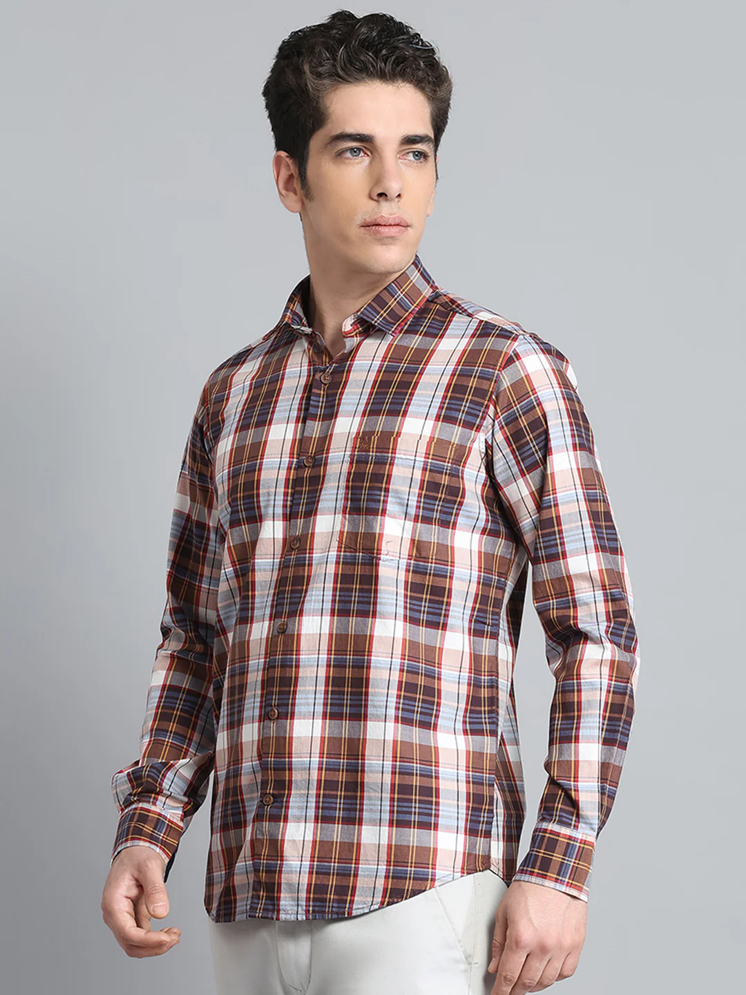 Men Brown Check Collar Full Sleeve Shirt - Image 3
