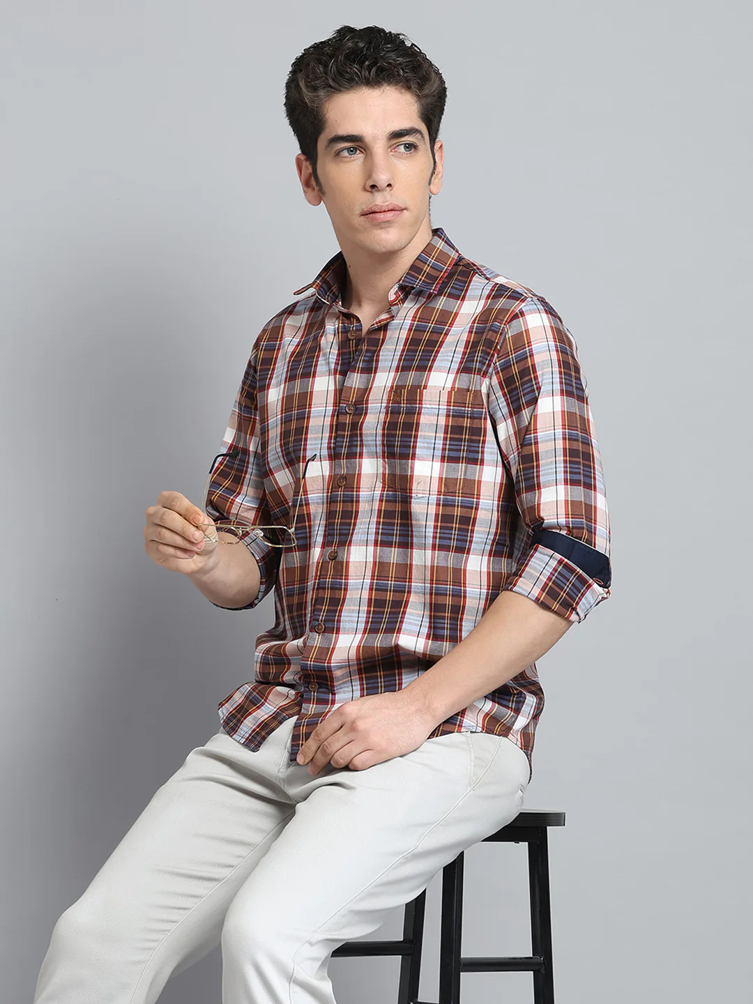 Men Brown Check Collar Full Sleeve Shirt - Image 6
