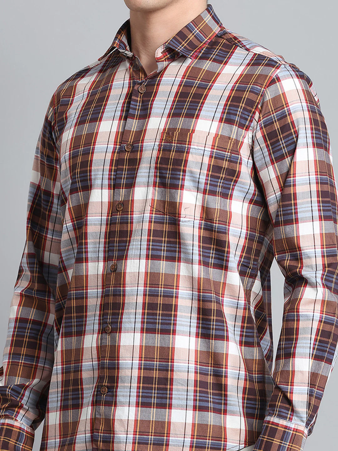 Men Brown Check Collar Full Sleeve Shirt - Image 7