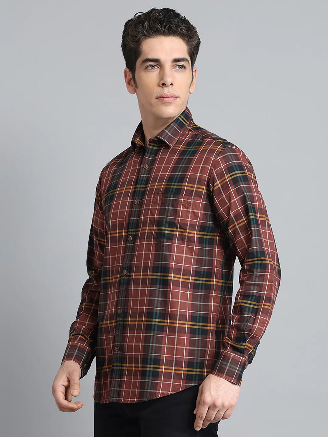 Men Brown Check Collar Full Sleeve Shirt - Image 3