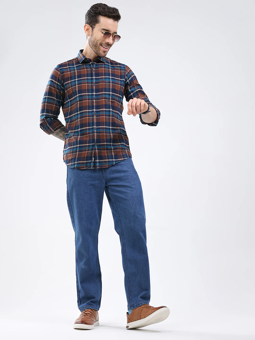 Men Brown Check Collar Full Sleeve Shirt - Image 2
