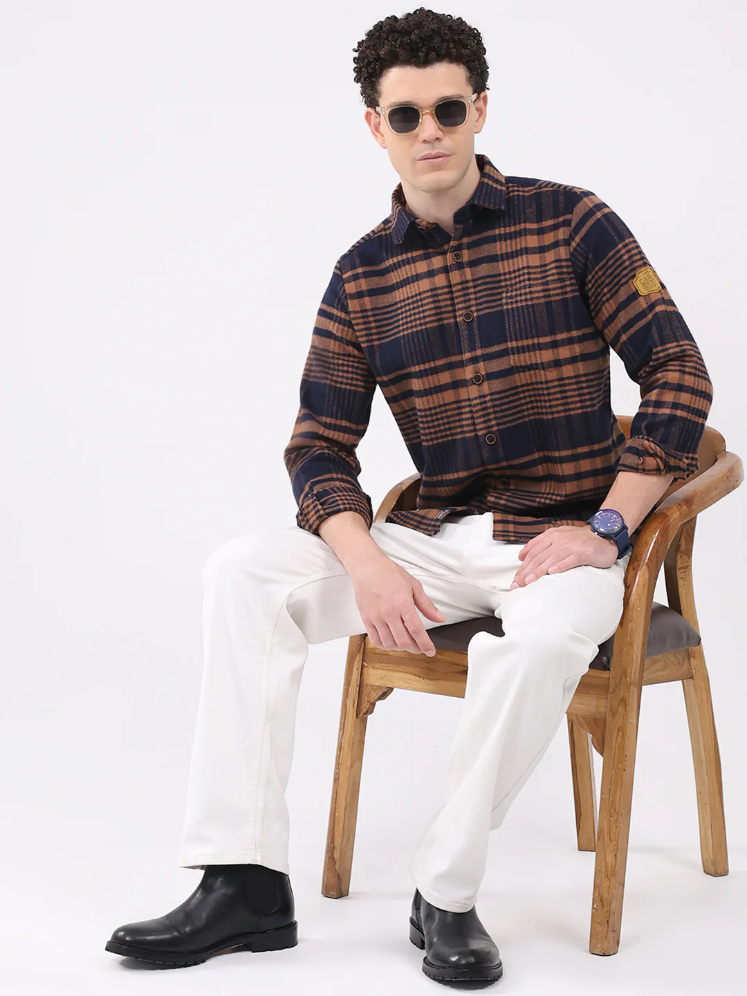 Men Brown Check Collar Full Sleeve Shirt - Image 2