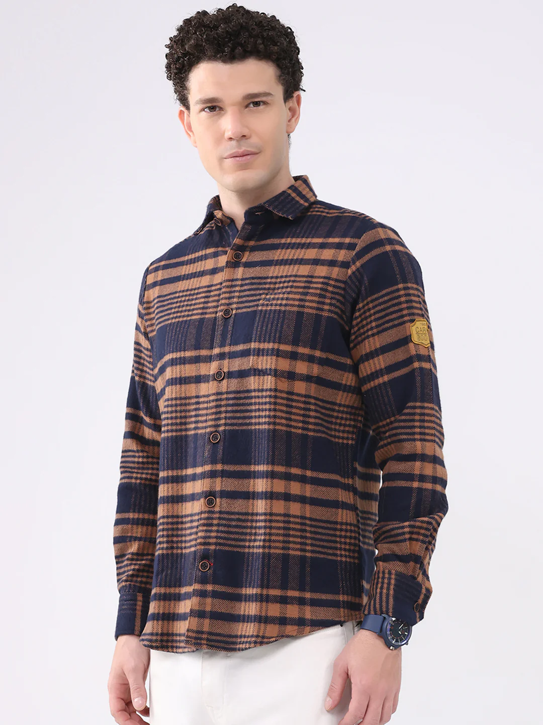 Men Brown Check Collar Full Sleeve Shirt - Image 3