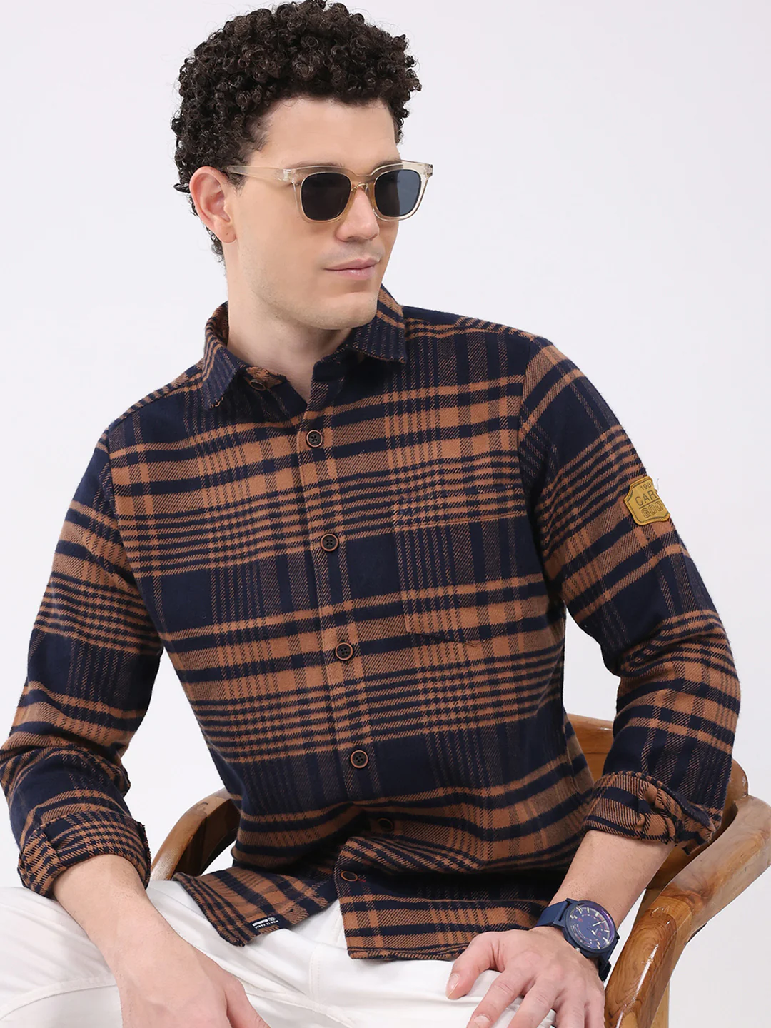 Men Brown Check Collar Full Sleeve Shirt - Image 6