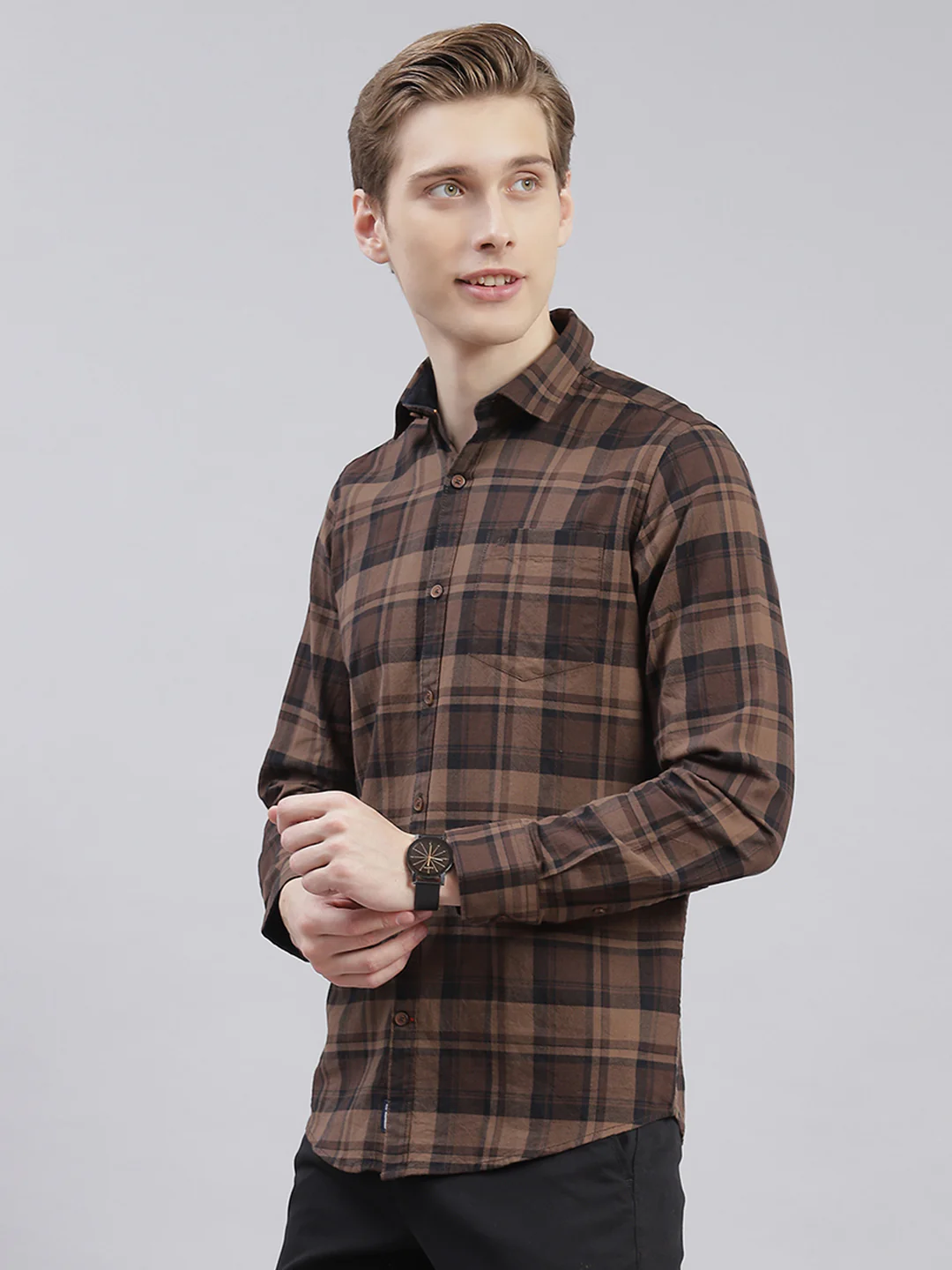 Men Brown Check Collar Full Sleeve Shirts - Image 3