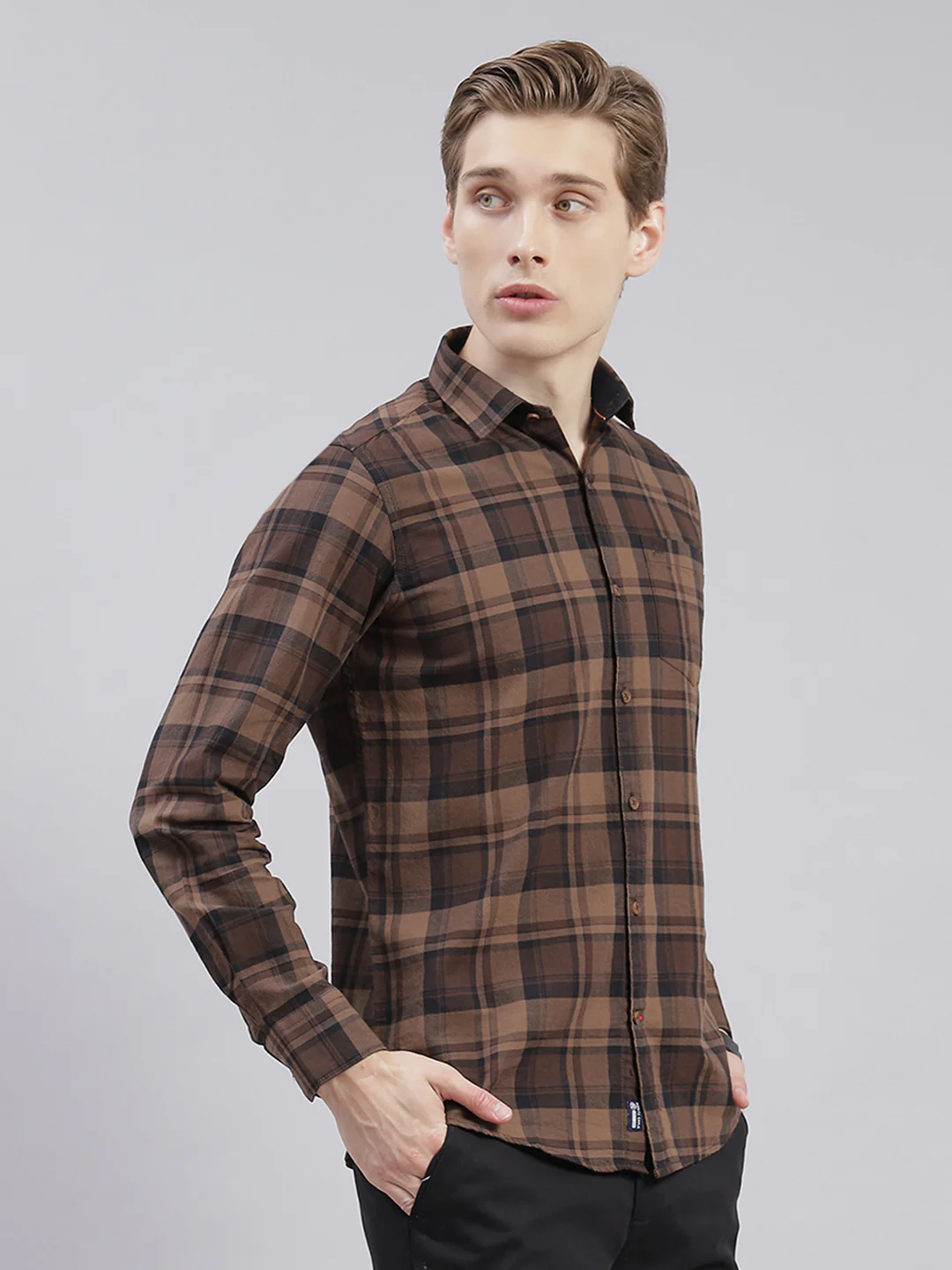 Men Brown Check Collar Full Sleeve Shirts - Image 4
