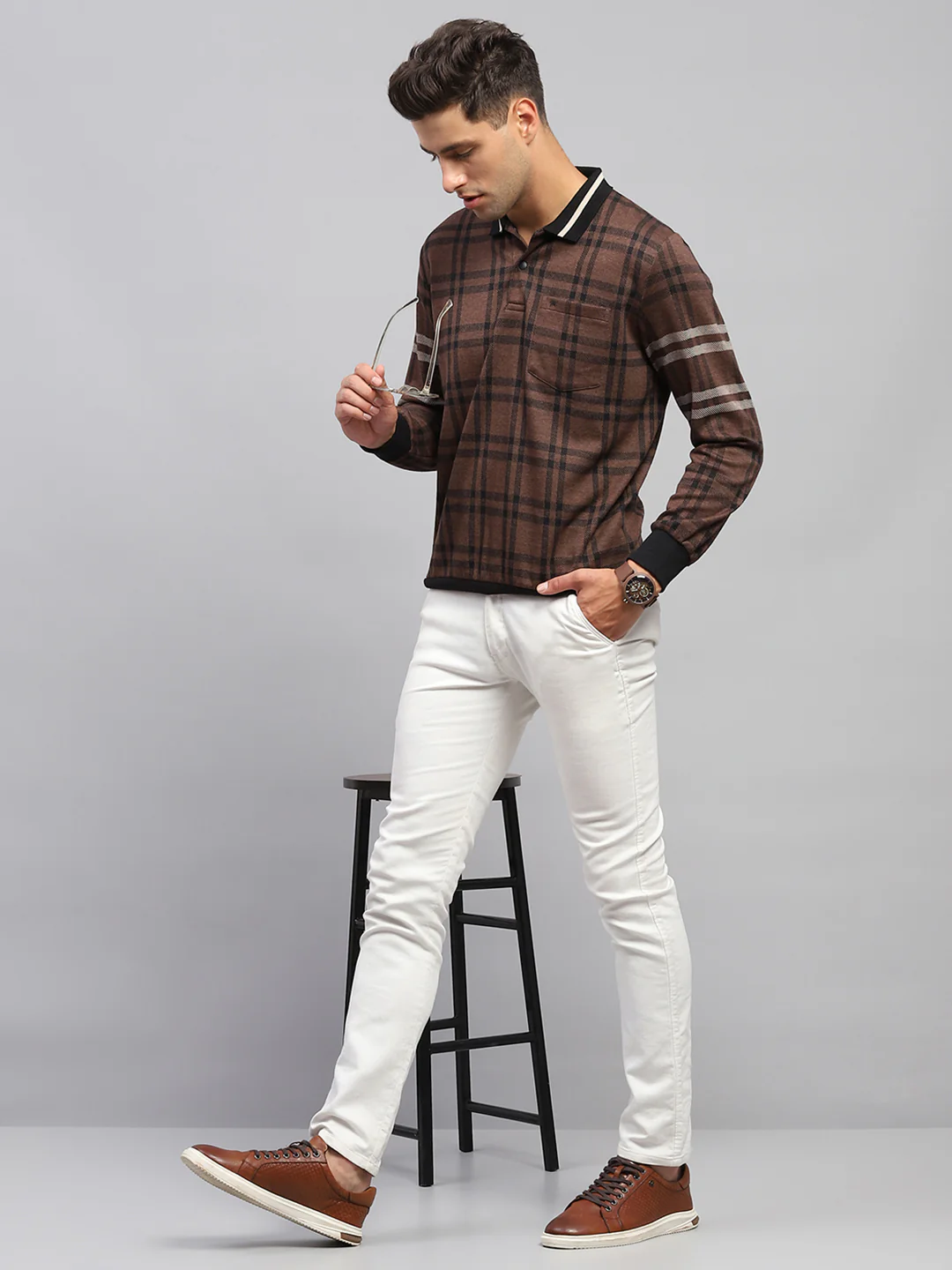 Men Brown Check Collar Full Sleeve Winter T-Shirt - Image 2