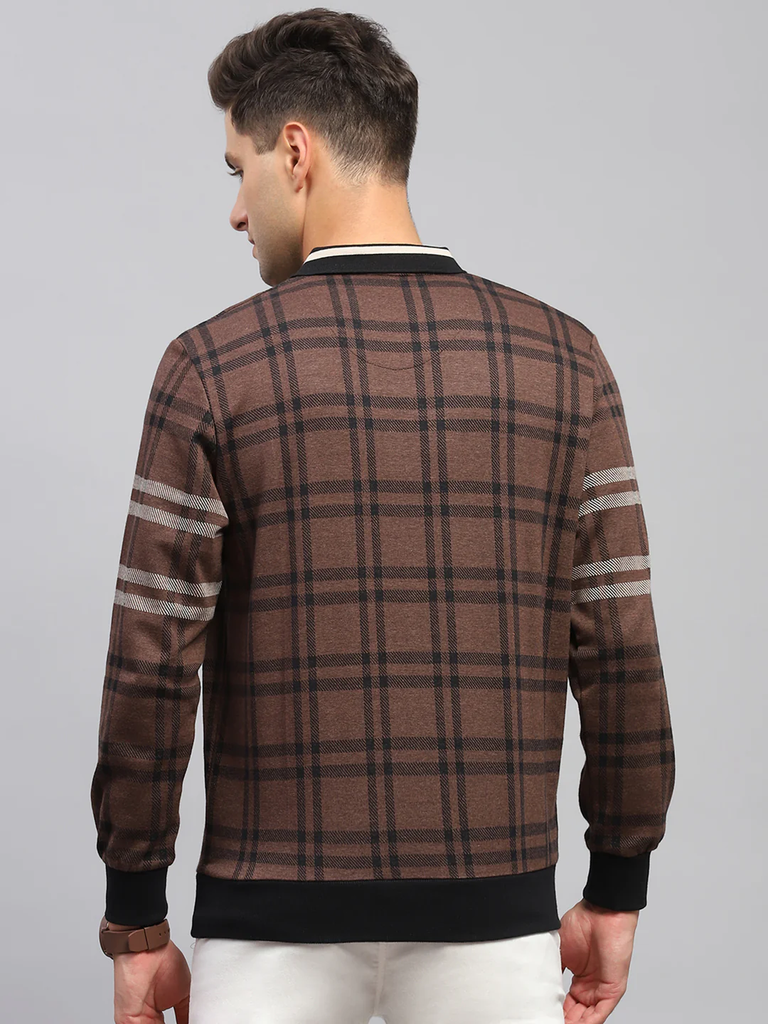 Men Brown Check Collar Full Sleeve Winter T-Shirt - Image 5