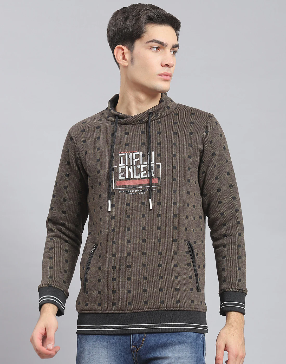 Men Brown Check F Neck Full Sleeve Sweatshirt - Image 3