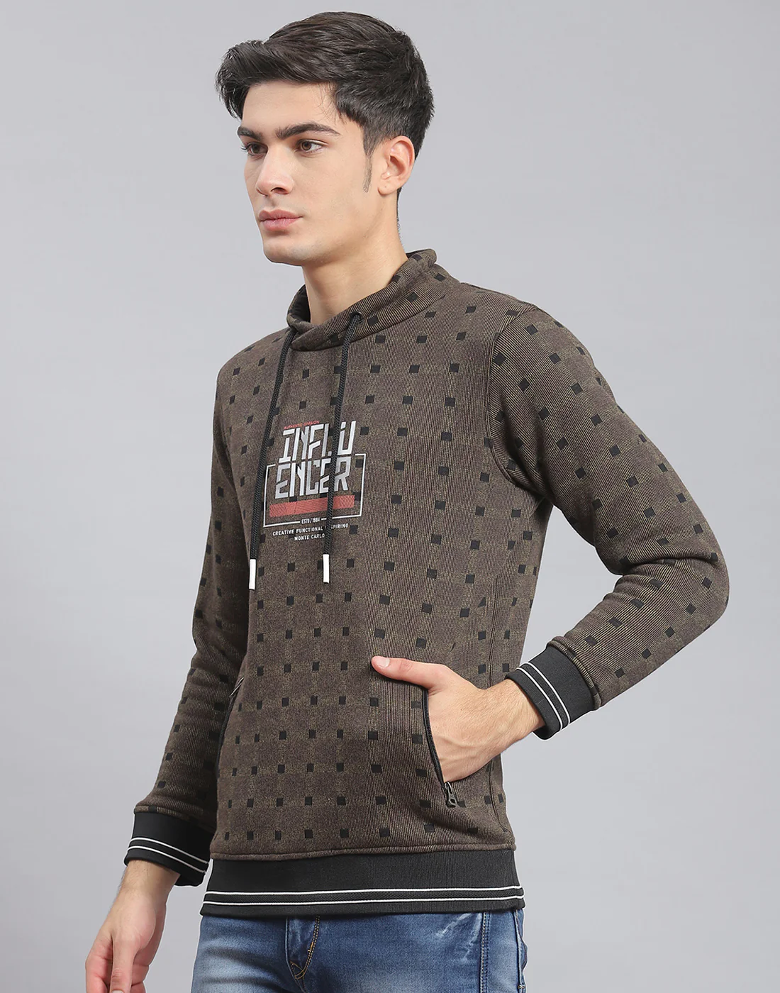 Men Brown Check F Neck Full Sleeve Sweatshirt - Image 4