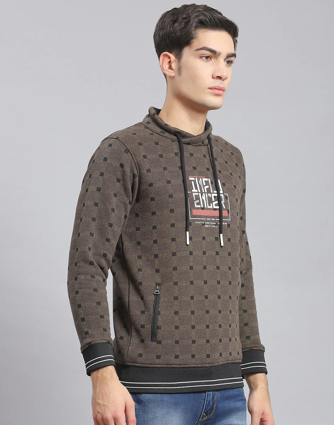 Men Brown Check F Neck Full Sleeve Sweatshirt - Image 5