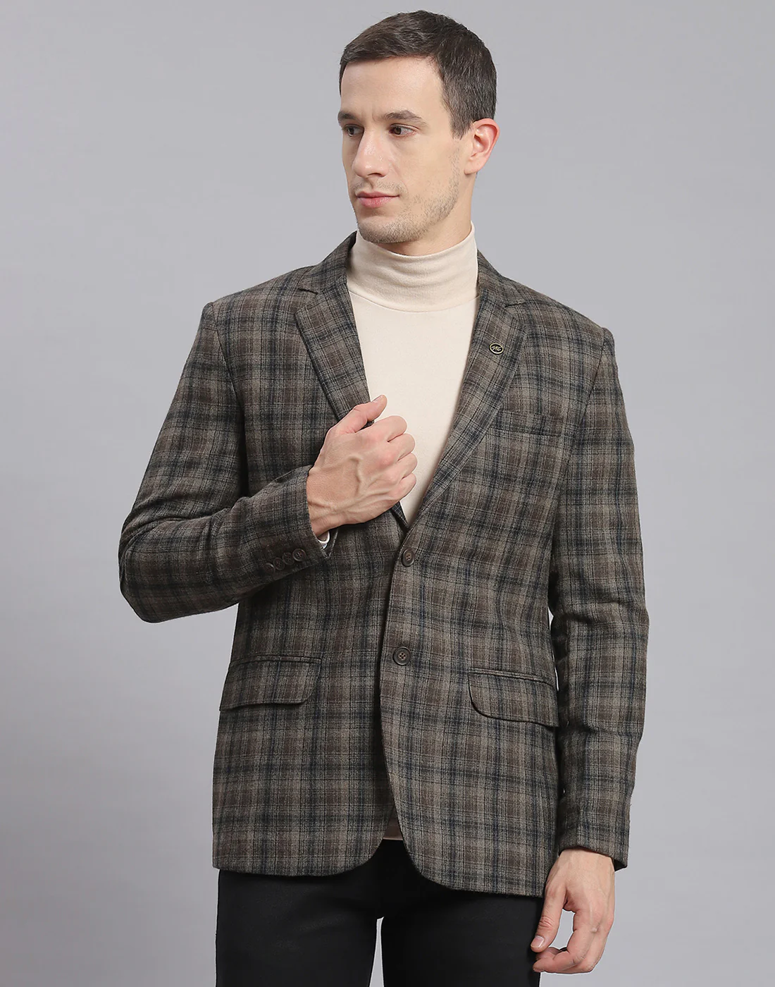 Men Brown Check Lapel Collar Full Sleeve Coat - Image 2