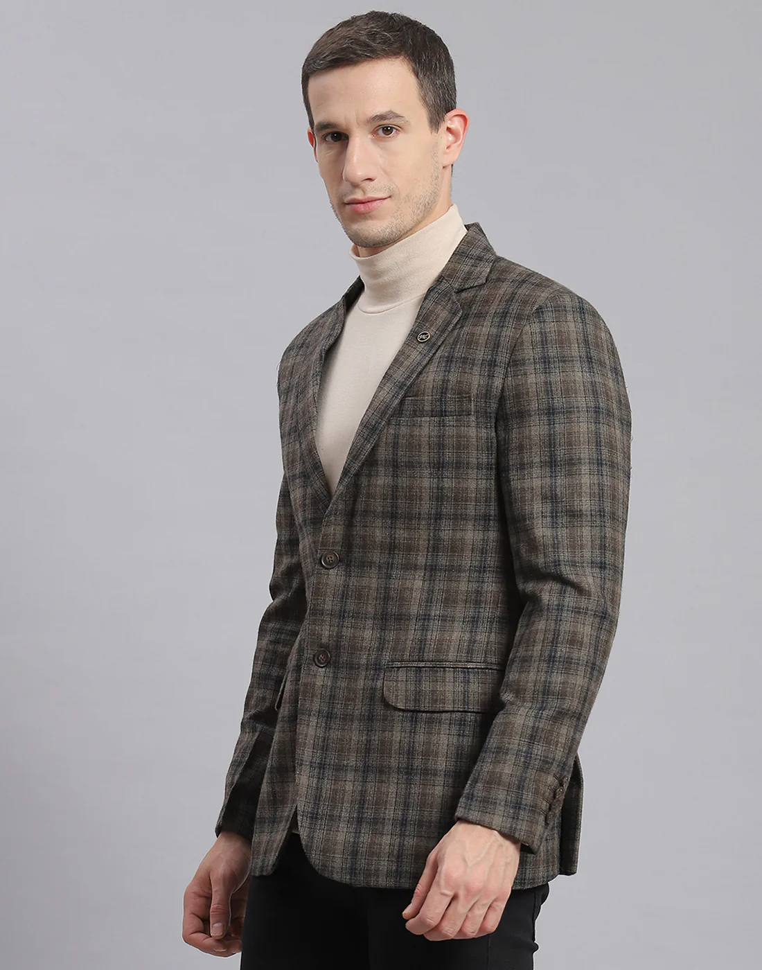 Men Brown Check Lapel Collar Full Sleeve Coat - Image 3