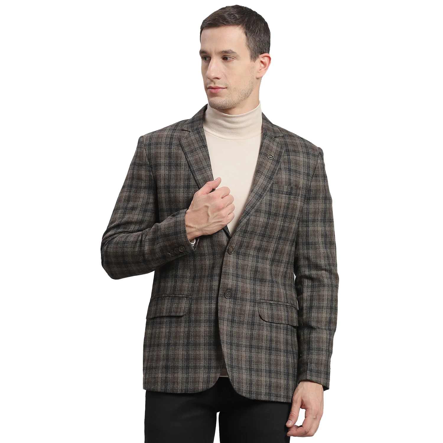 Men Brown Check Lapel Collar Full Sleeve Coat - Image 5