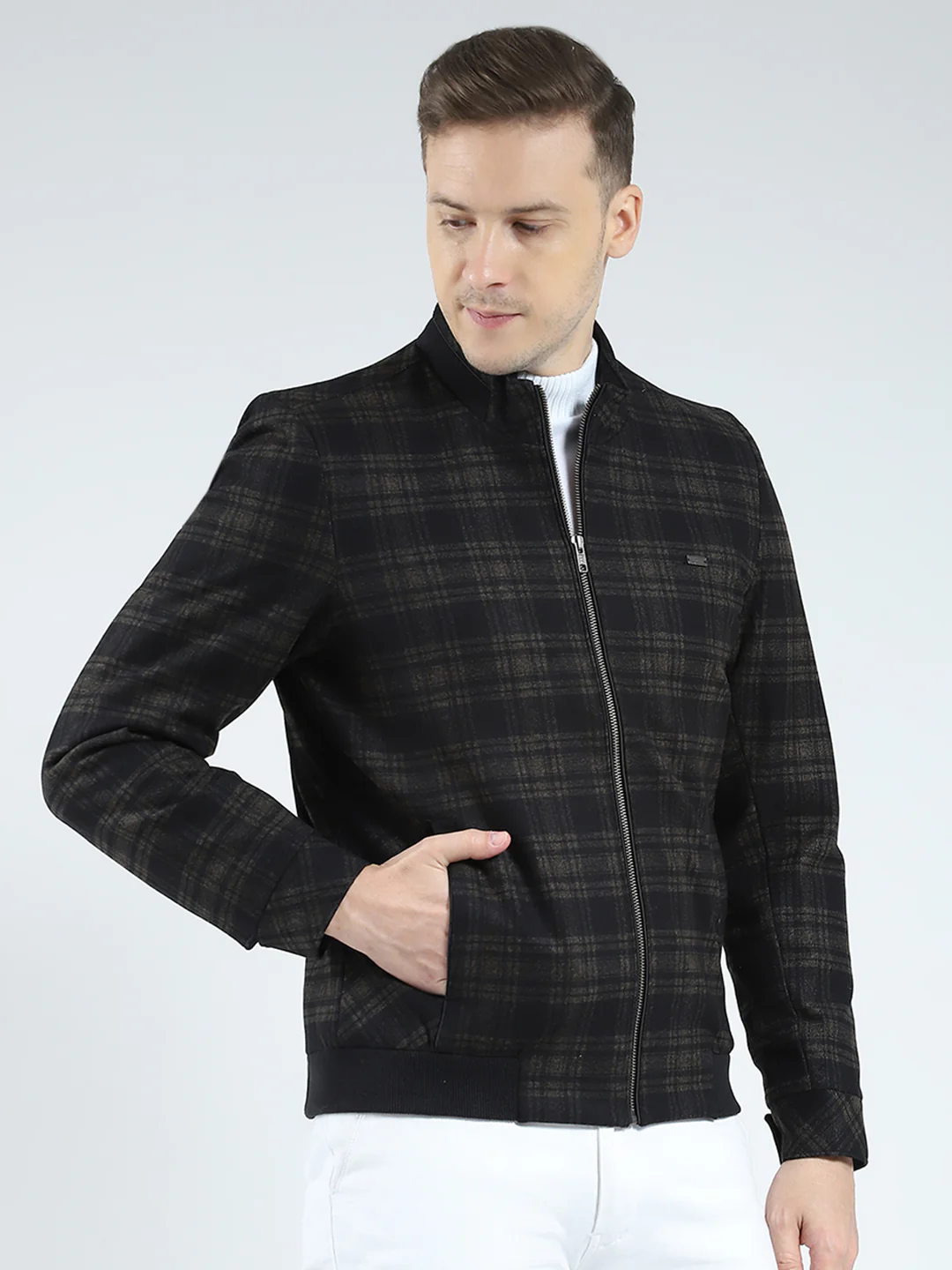 Men Brown Check Mock Neck Full Sleeve Coat - Image 4
