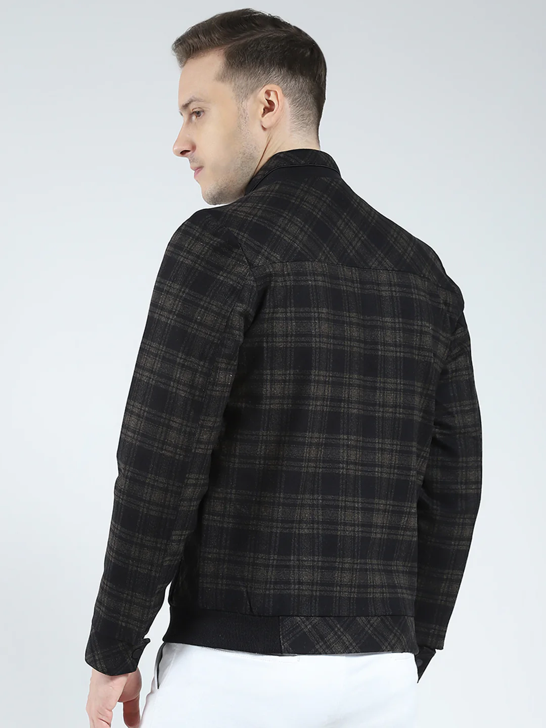 Men Brown Check Mock Neck Full Sleeve Coat - Image 5