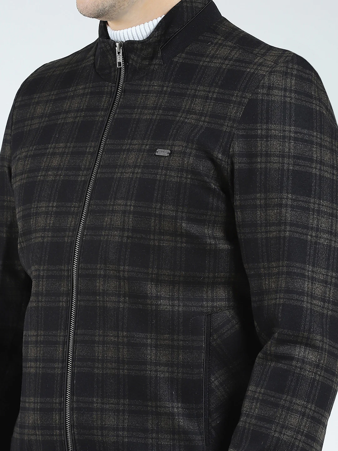 Men Brown Check Mock Neck Full Sleeve Coat - Image 7
