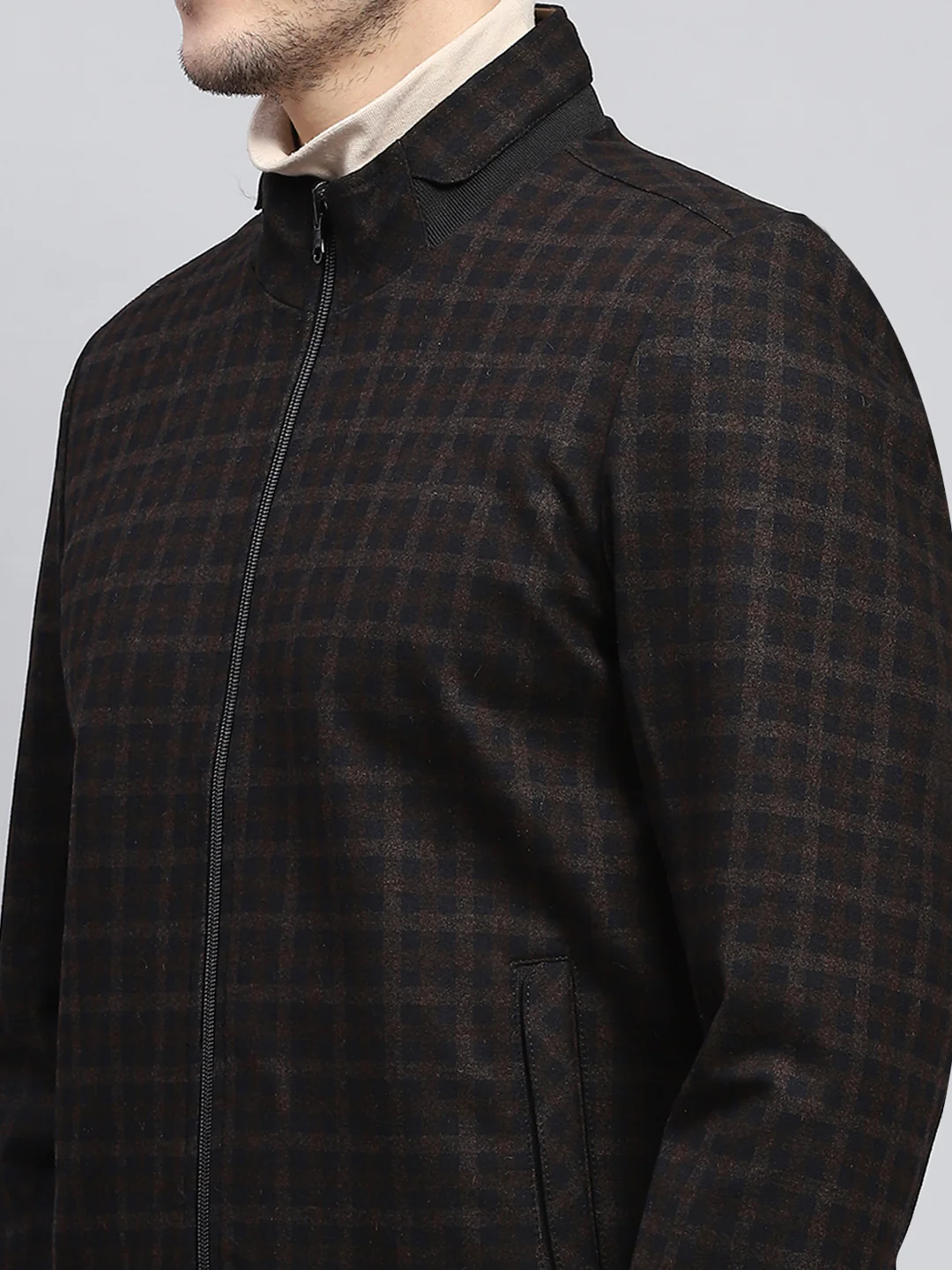 Men Brown Check Mock Neck Full Sleeve Jacket - Image 9
