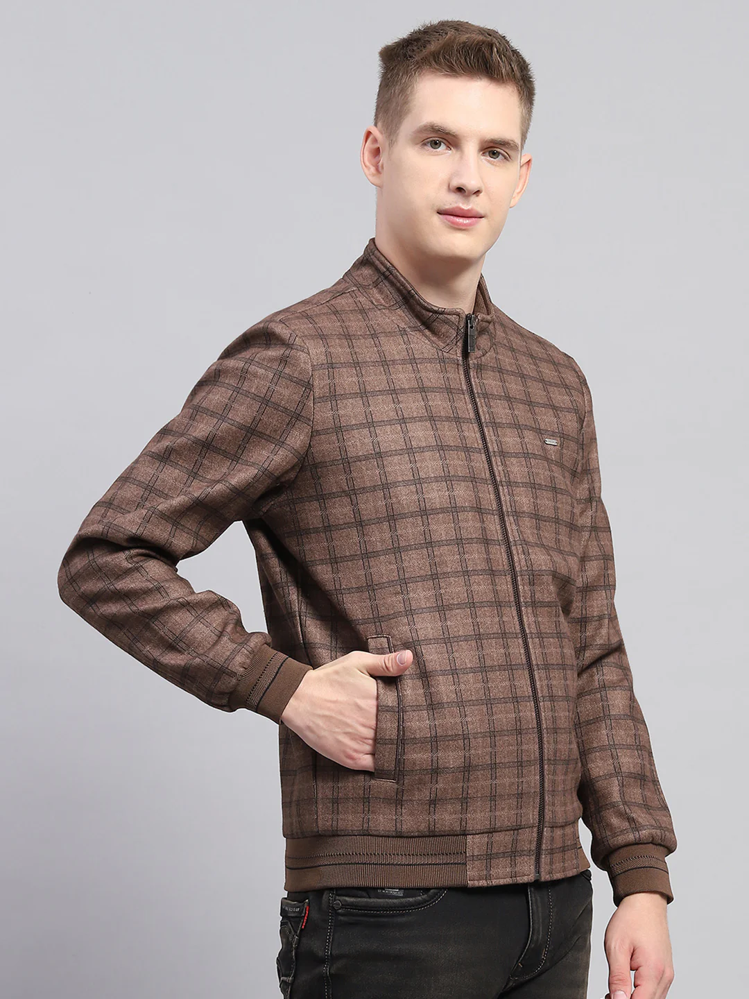 Men Brown Check Mock Neck Full Sleeve Jacket - Image 4