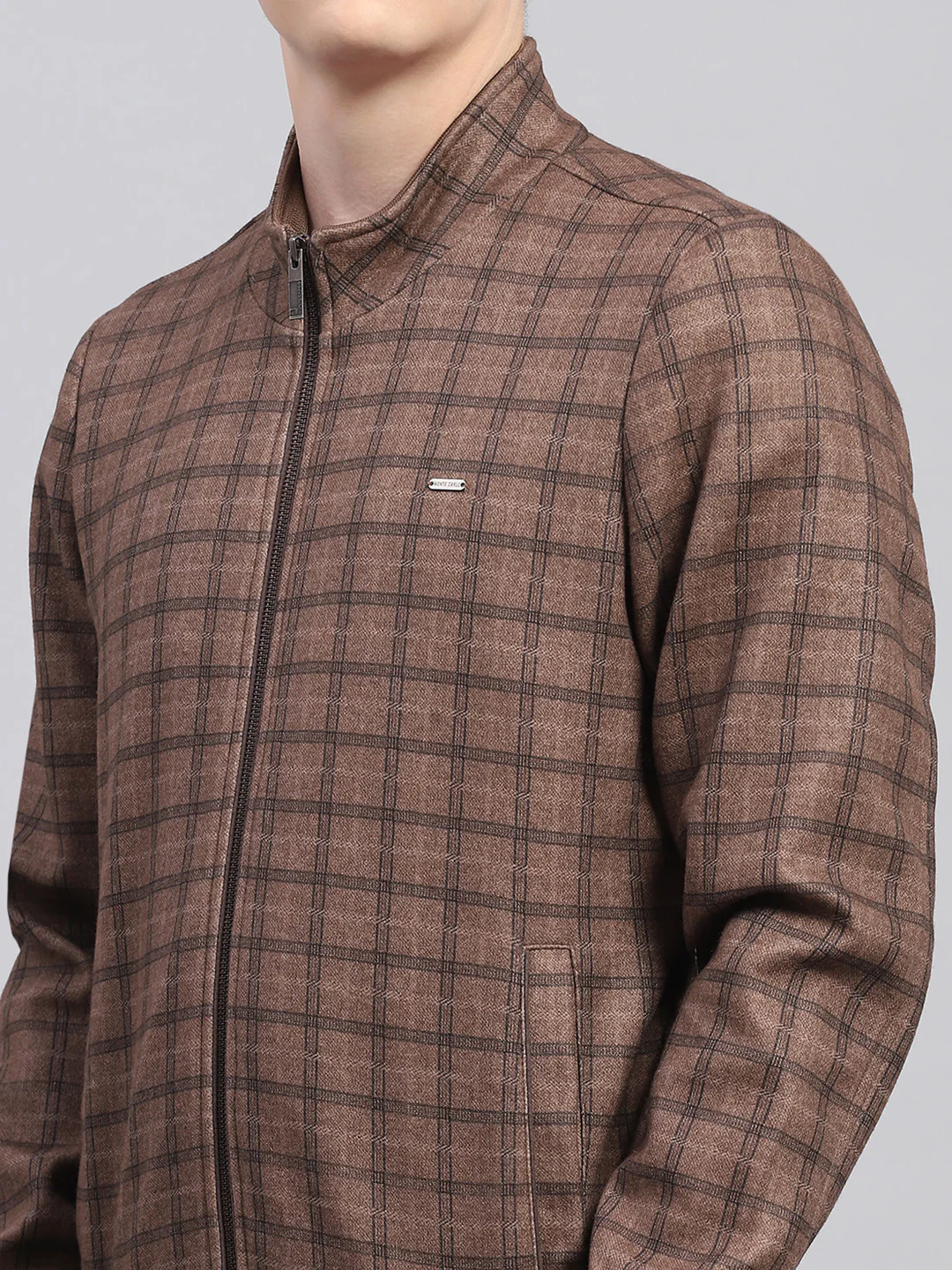 Men Brown Check Mock Neck Full Sleeve Jacket - Image 6