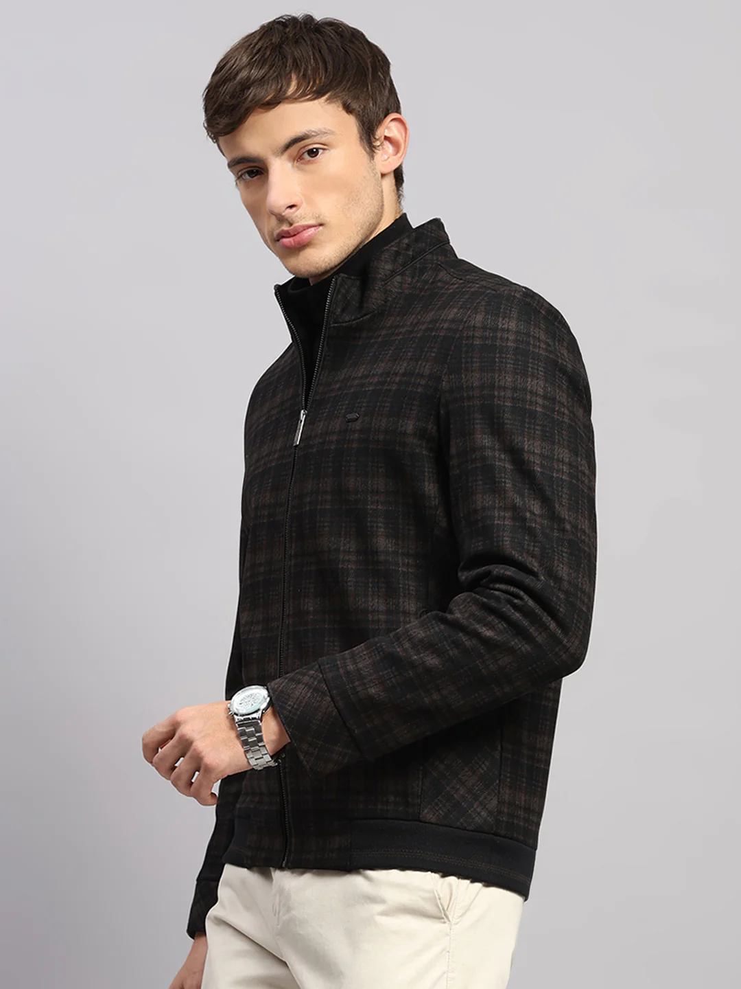 Men Brown Check Mock Neck Full Sleeve Jacket - Image 3