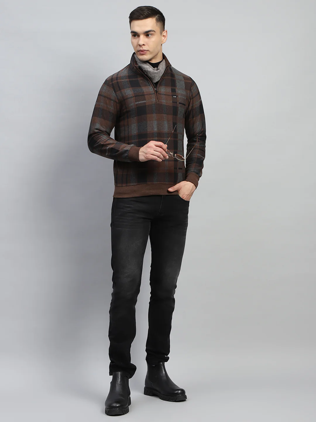 Men Brown Check Mock Neck Full Sleeve Winter T-Shirt - Image 2