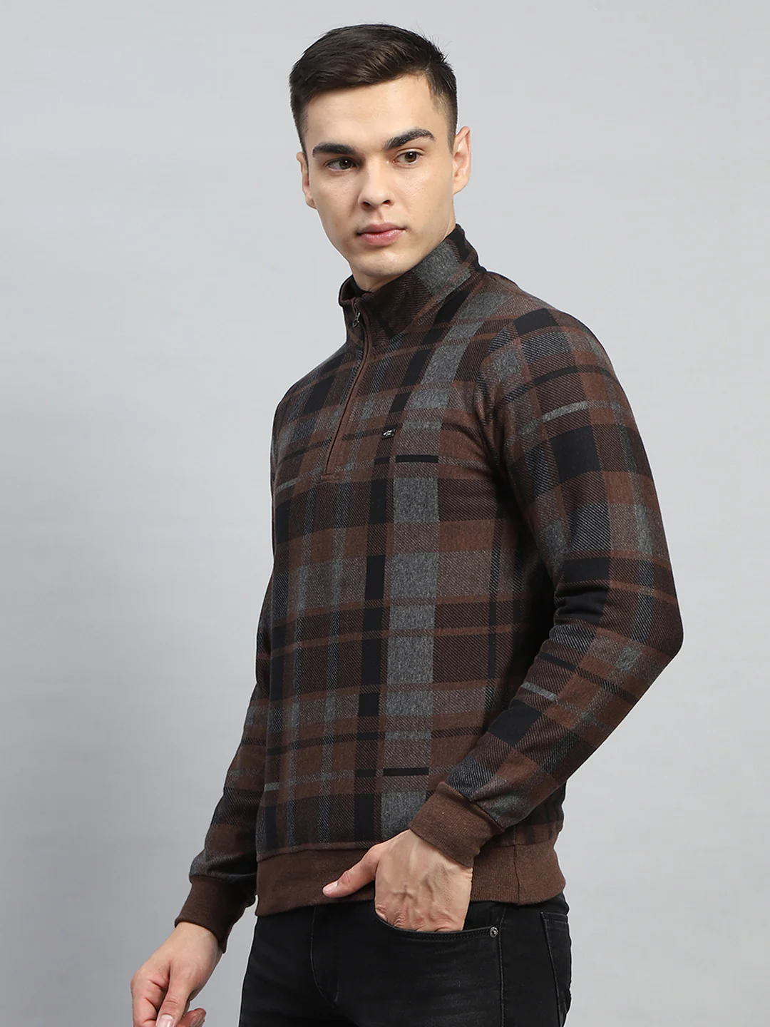 Men Brown Check Mock Neck Full Sleeve Winter T-Shirt - Image 3