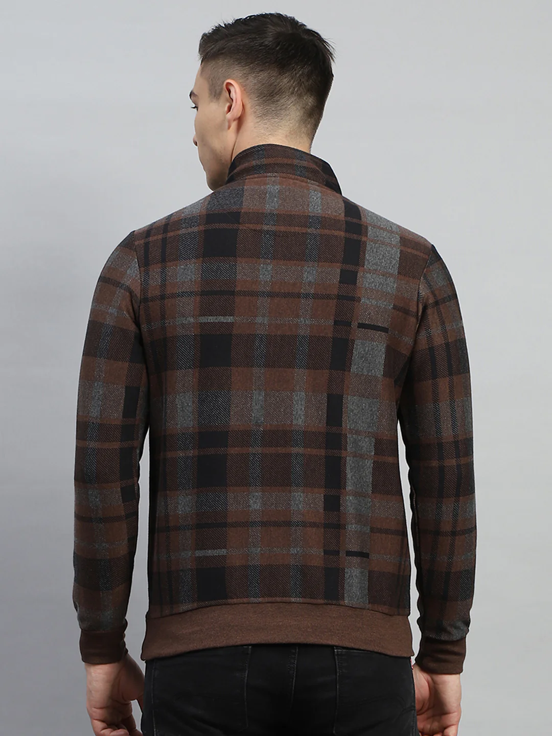 Men Brown Check Mock Neck Full Sleeve Winter T-Shirt - Image 5