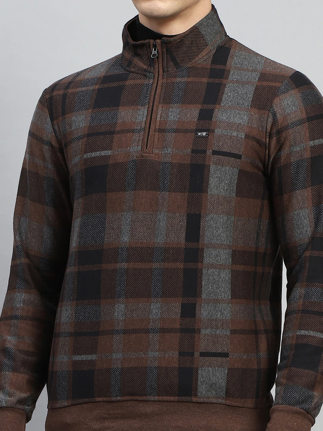 Men Brown Check Mock Neck Full Sleeve Winter T-Shirt - Image 6