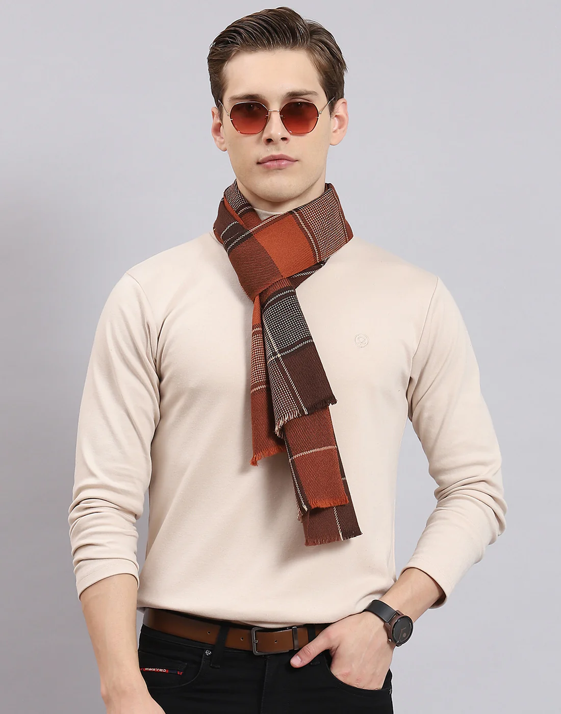 Men Brown Check Muffler - Image 2
