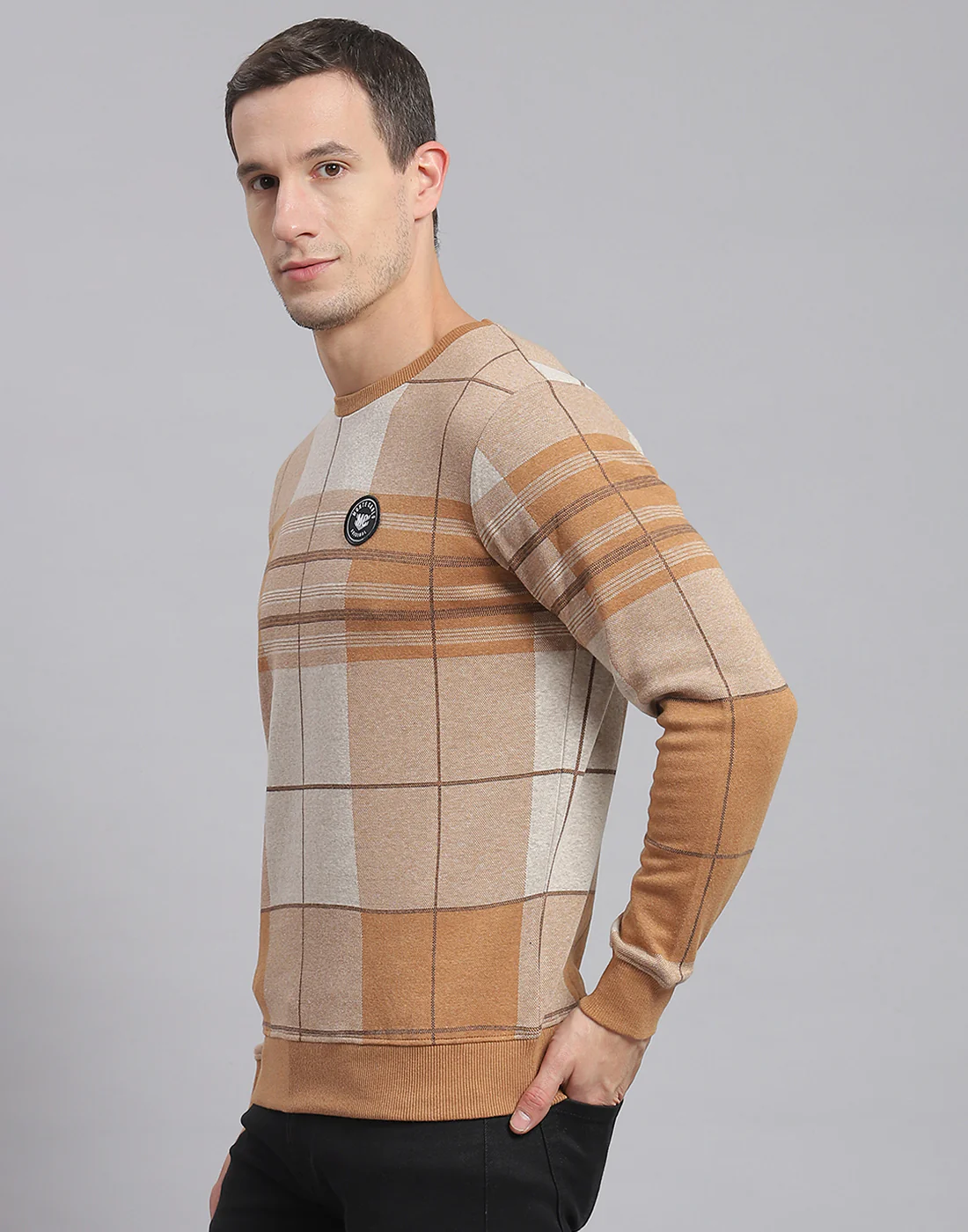 Men Brown Check Round Neck Full Sleeve Sweatshirt - Image 3