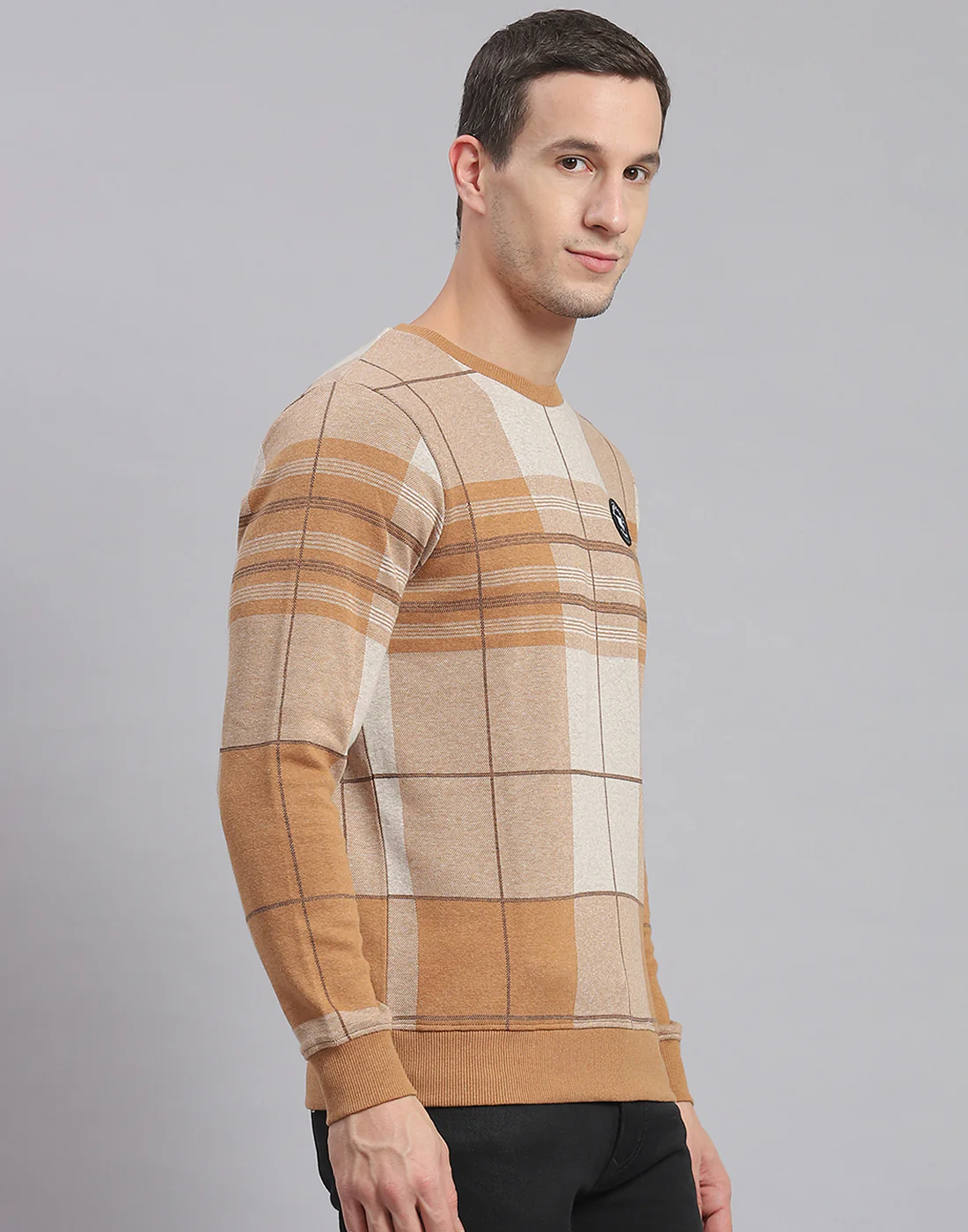 Men Brown Check Round Neck Full Sleeve Sweatshirt - Image 4