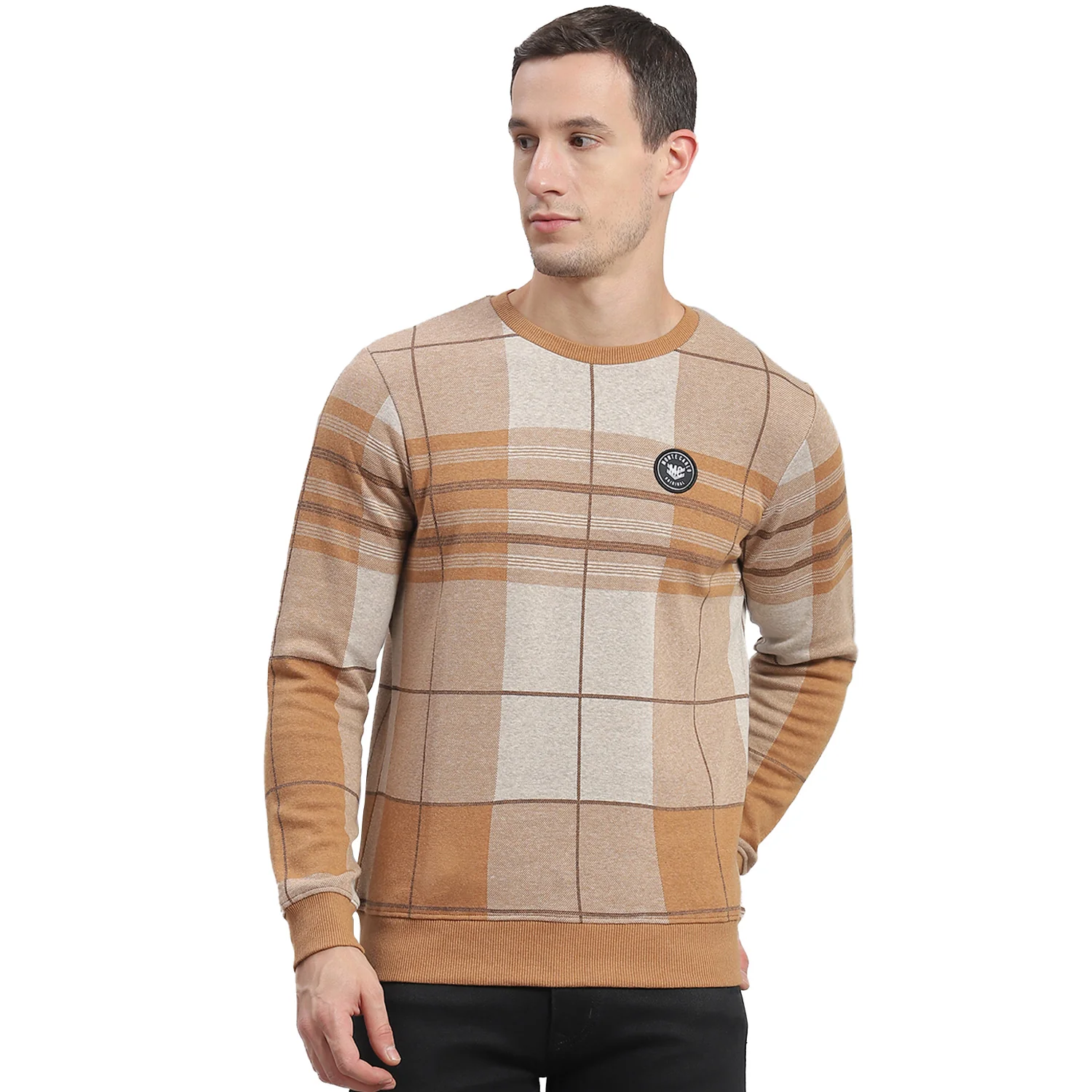 Men Brown Check Round Neck Full Sleeve Sweatshirt - Image 5