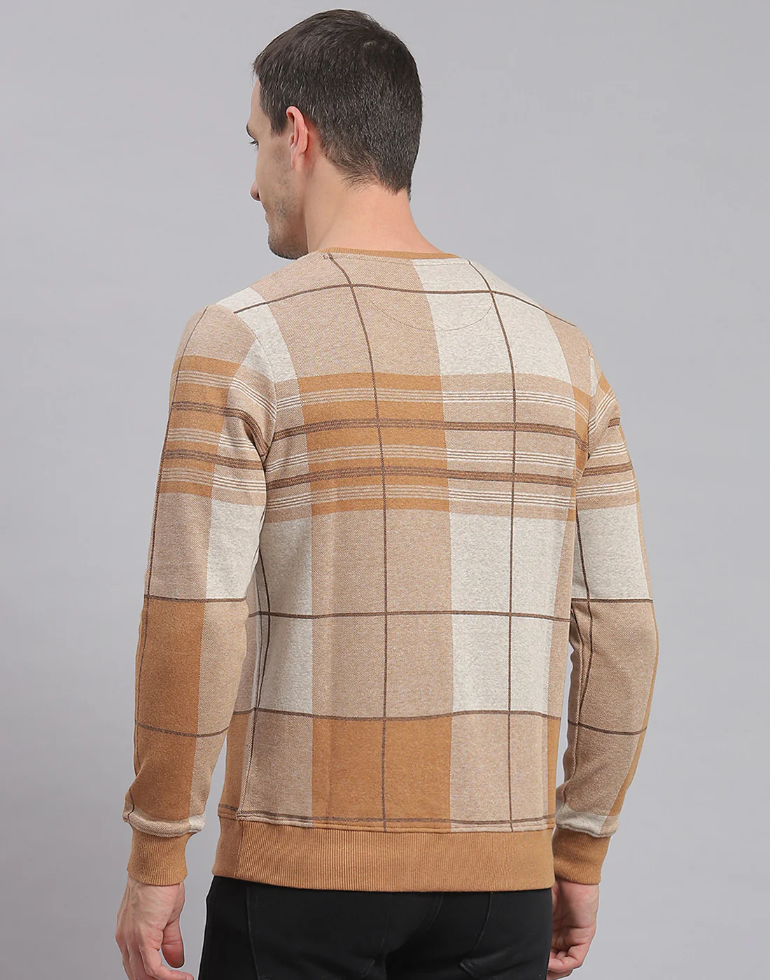 Men Brown Check Round Neck Full Sleeve Sweatshirt - Image 6