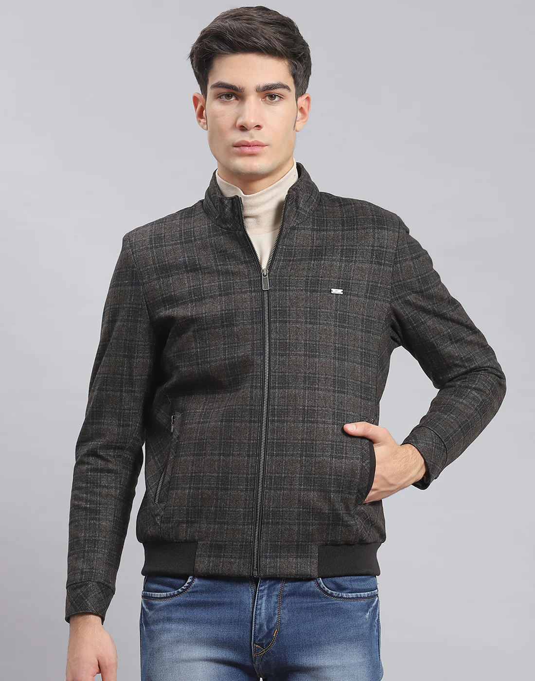 Men Brown Check Stand Collar Full Sleeve Coat - Image 2