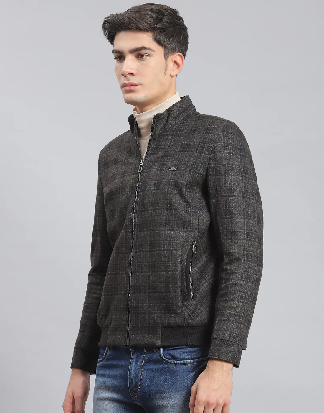 Men Brown Check Stand Collar Full Sleeve Coat - Image 3