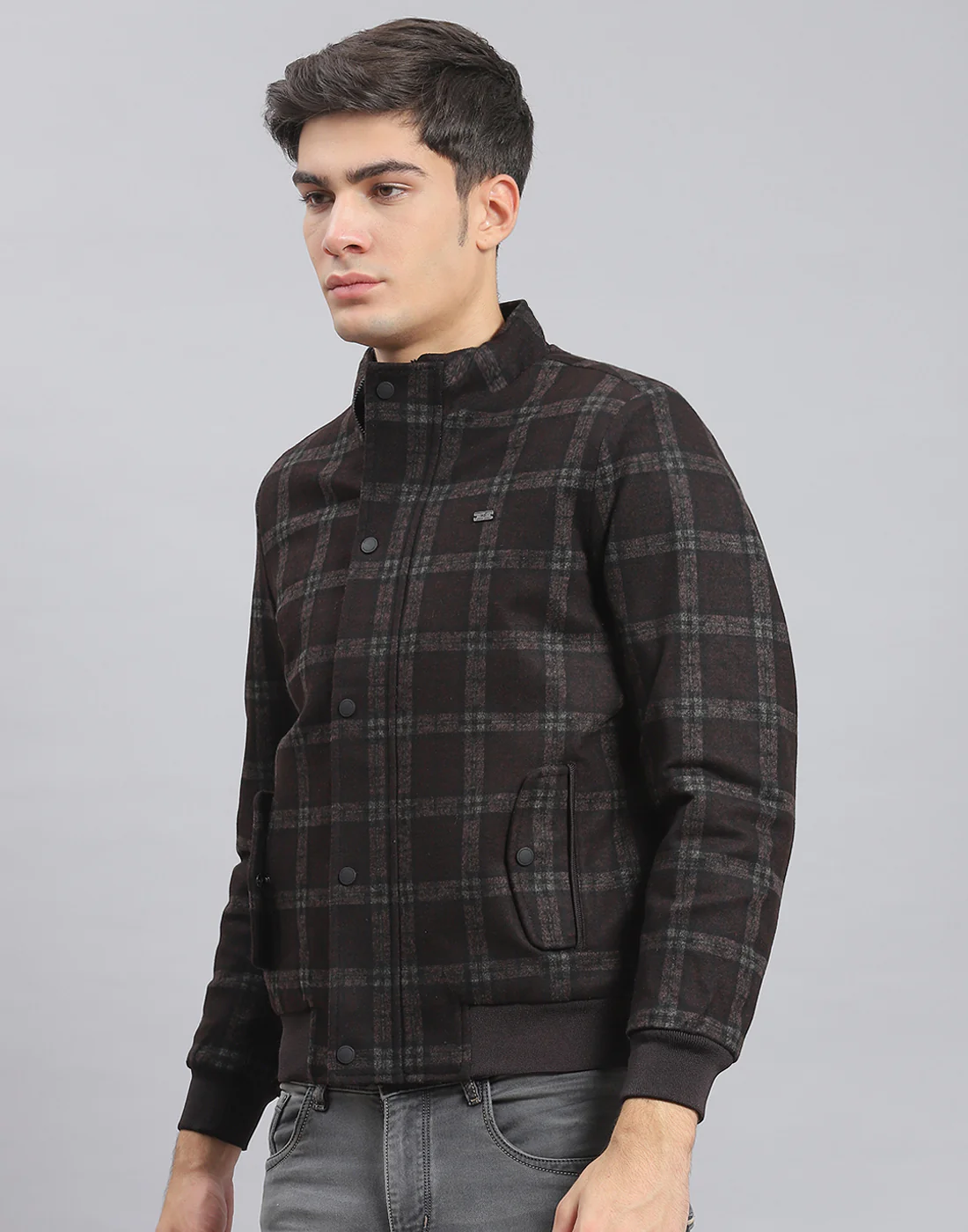 Men Brown Check Stand Collar Full Sleeve Coat - Image 3