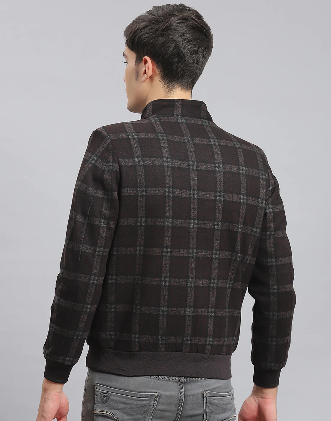 Men Brown Check Stand Collar Full Sleeve Coat - Image 5