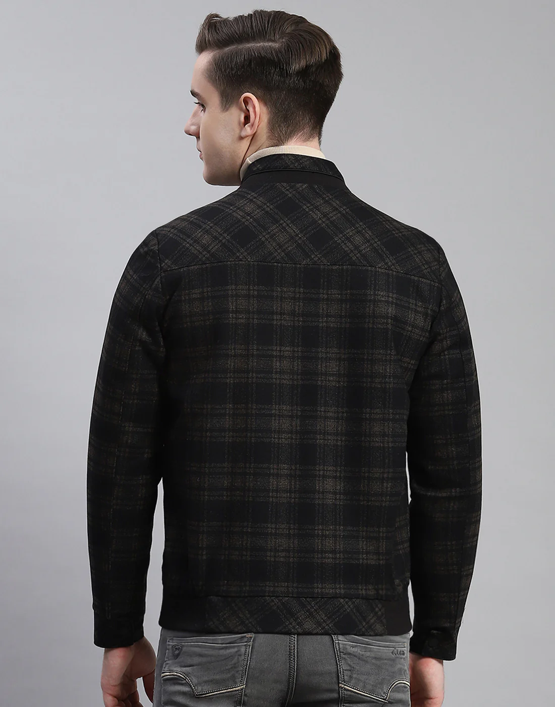 Men Brown Check Stand Collar Full Sleeve Coat - Image 5