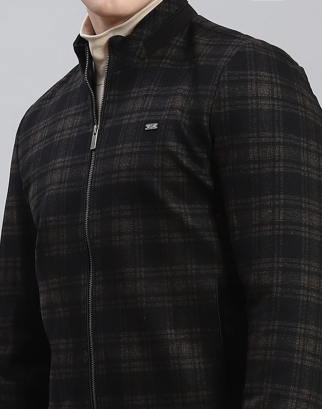 Men Brown Check Stand Collar Full Sleeve Coat - Image 6
