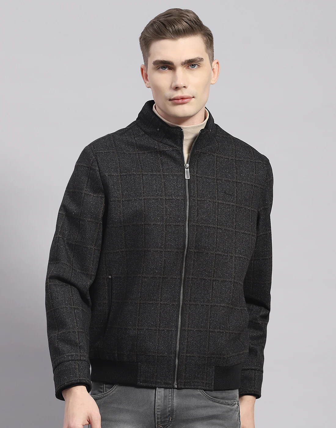 Men Brown Check Stand Collar Full Sleeve Jacket - Image 2