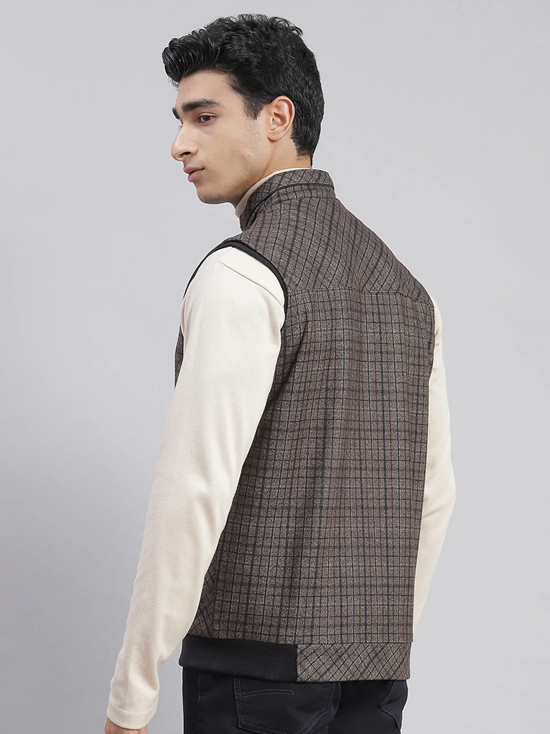 Men Brown Check Stand Collar Sleeveless Jackets - Image 3