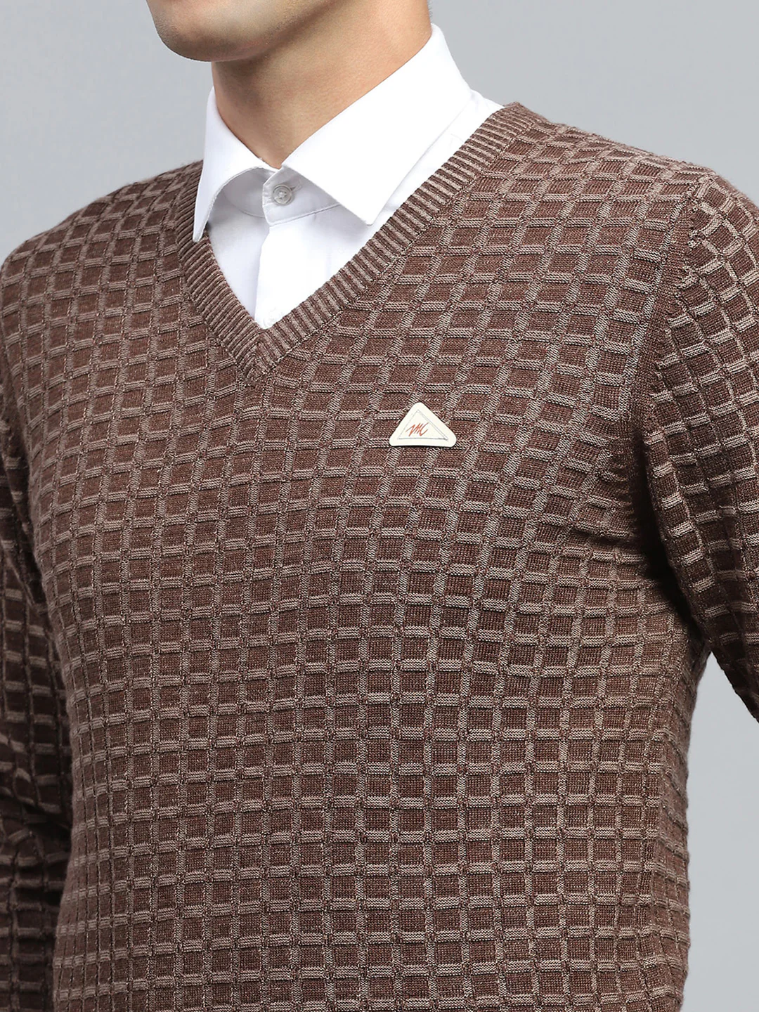 Men Brown Check V Neck Full Sleeve Pullover - Image 6