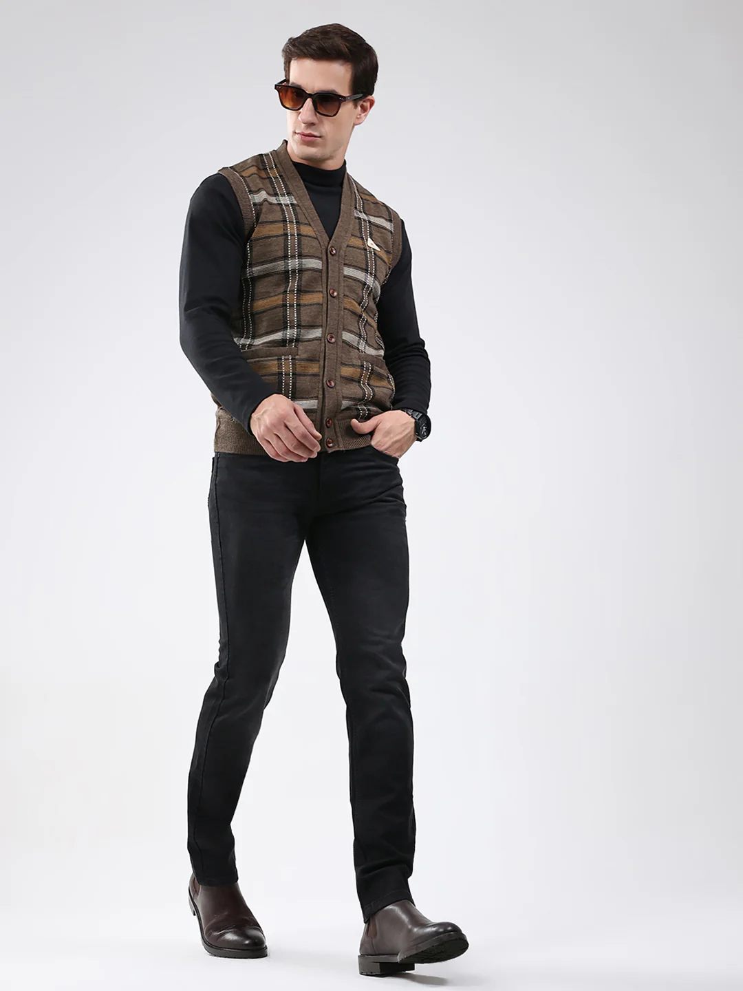Men Brown Check V Neck Sleeveless Cardigan - Image 2