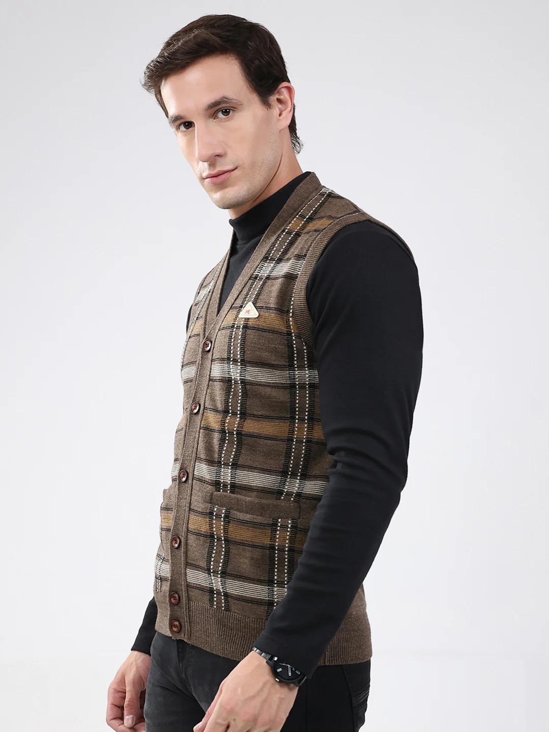 Men Brown Check V Neck Sleeveless Cardigan - Image 3