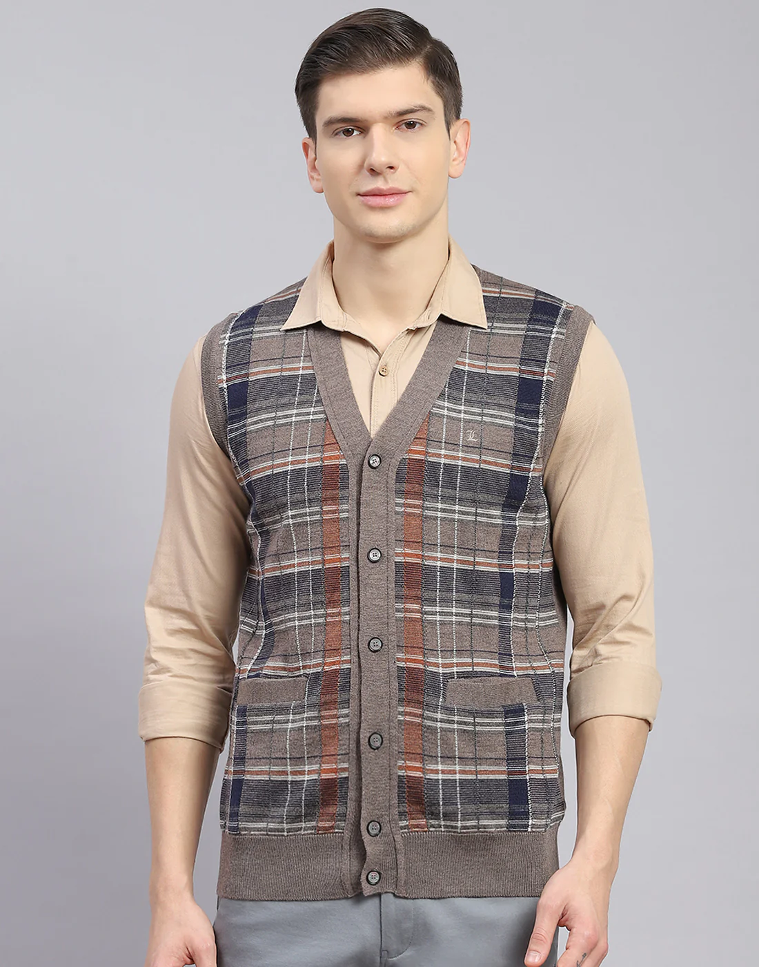 Men Brown Check V Neck Sleeveless Sweater - Image 2