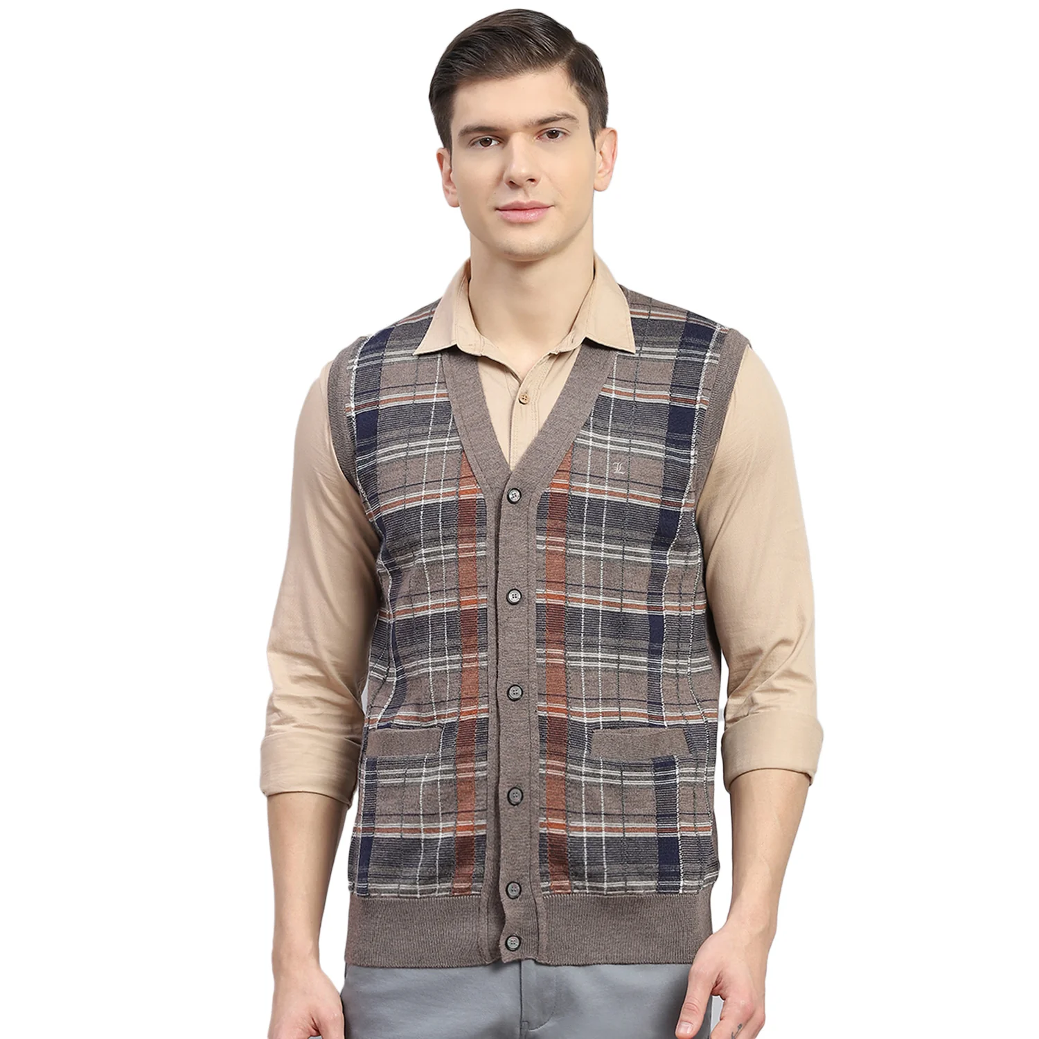 Men Brown Check V Neck Sleeveless Sweater - Image 5