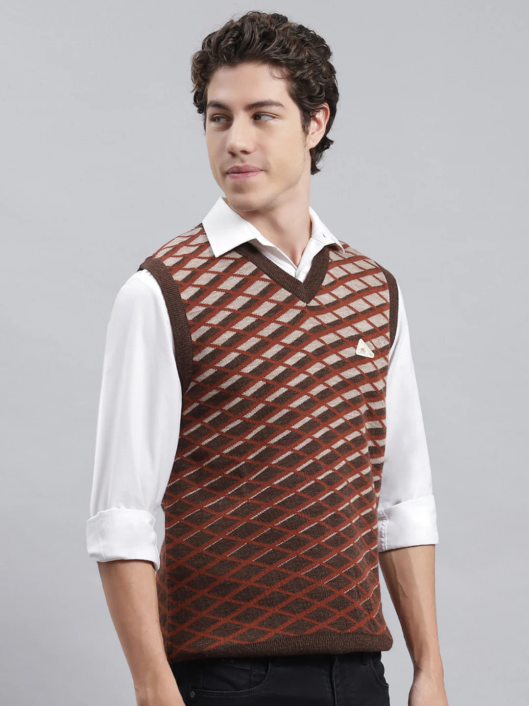 Men Brown Jaquard Sweater - Image 4