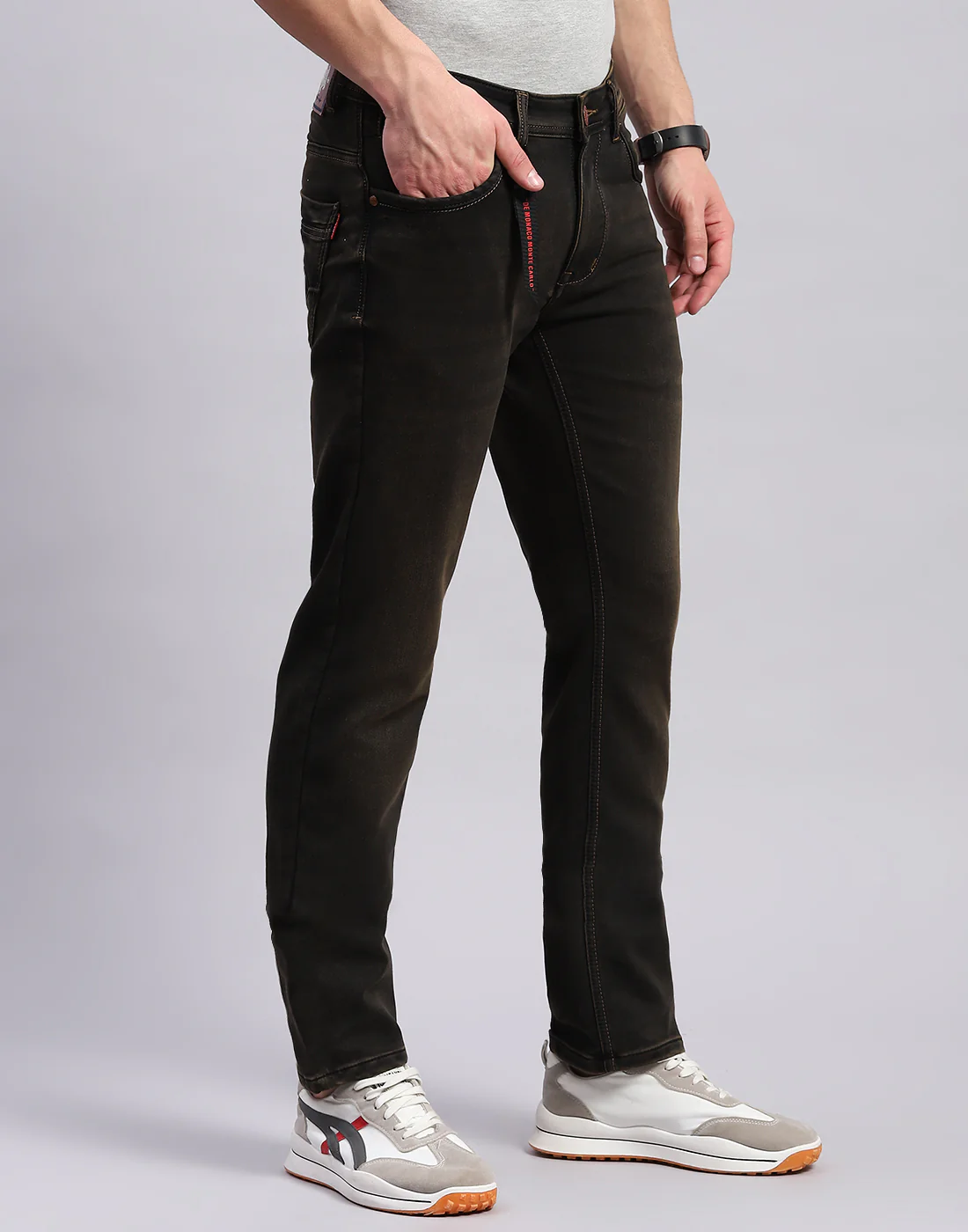 Men Brown Light Wash Narrow Fit Denim - Image 4