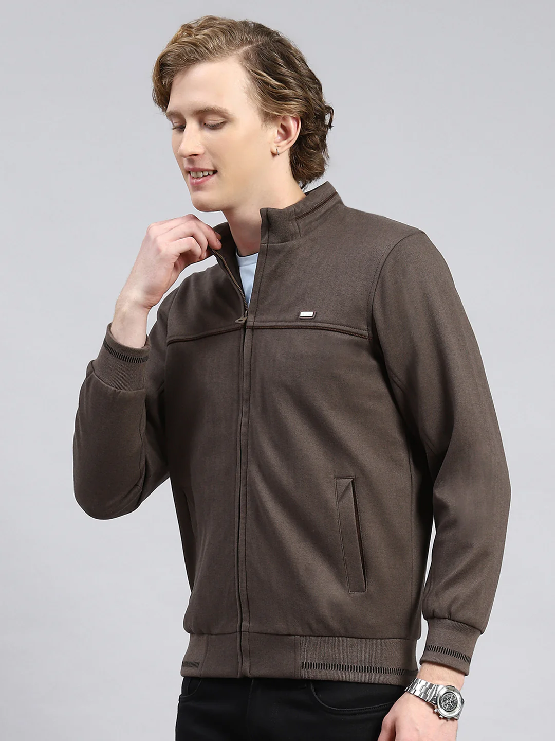 Men Brown Plain Jacket - Image 4